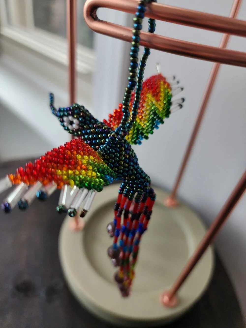 Huichol Beaded Hummingbird Key Chain Mexican Folk Art Bird 6” Sun Catcher A32